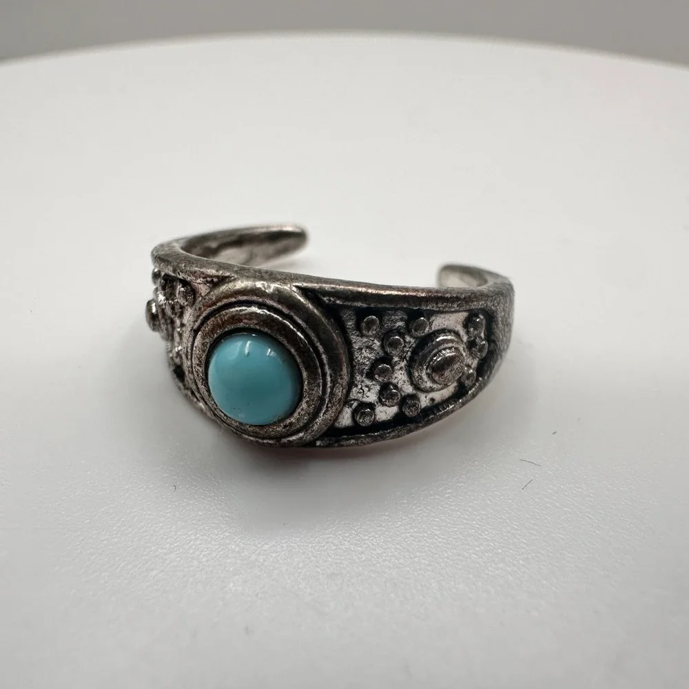 Vintage 90s Silver Tone Blue Glass‎ Cabochon Ring Boho Women's Classic Jewelry